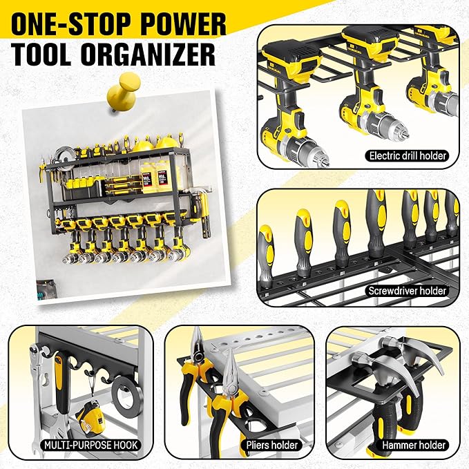 Hipidian Power Tool Organizer Wall Mount - Storage Rack with 4 Drill Holders for Drills Cordless Tools. Heavy Duty Iron Garage Tool Organizer Storage for Workshop Shed (7 Slots 3 Layers)