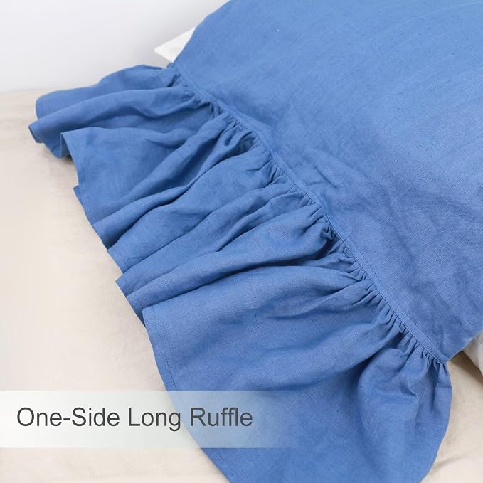 Navy Blue Ruffles Linen Pillowcase, 100% French Linen Pillow Cover, Queen Size 1 Piece Farmhouse Shabby Chic Pillow Case, 20''x30'' Pillowcase with Decorative Ruffle Envelope Closure