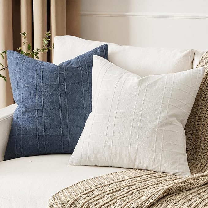 MIULEE Decorative Linen Check Throw Pillow Covers Neutral Farmhouse Vintage Pillow Covers 18x18 Set of 2 Boho Modern Home Decor for Sofa Couch Bedroom Cushion Cream White
