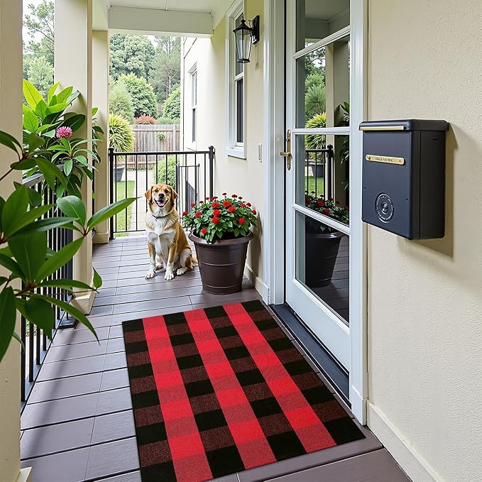 OLANLY Buffalo Plaid Rug 2' x 3' (24" x 36") – Red and Black Cotton Checkered Doormat, Washable Indoor Outdoor Rug for Layered Front Porch, Kitchen, Entryway Decor