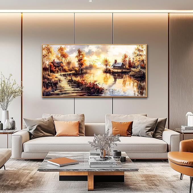 XIGUANGART Framed Vintage Wall Art, Cottage Trees Garden Landscape Pictures Wall Decor Paintings, Rustic Farmhouse Canvas Prints Aesthetic Home Decor for Living Room Bedroom Bathroom 24x48 inch