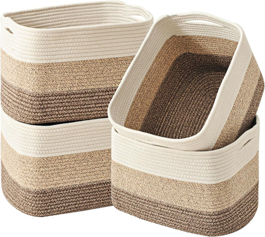 Storage Baskets for Organizing & Shelves, Woven Cotton Rope Organization Bins for Dog Toys, Clothes, Books, Nursery Organizer, 15"Lx11"Wx9.5"H, (4 Packs) Gradient Brown