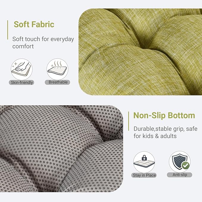 Large Square Floor Cushions Set of 2, 22 x 22 Inch with Non-Slip Bottom, Memory Foam Floor Pillow for Sitting, Meditation & Yoga, Soft Supportive Floor Seating Cushion for Adults & Kids (2, Green)