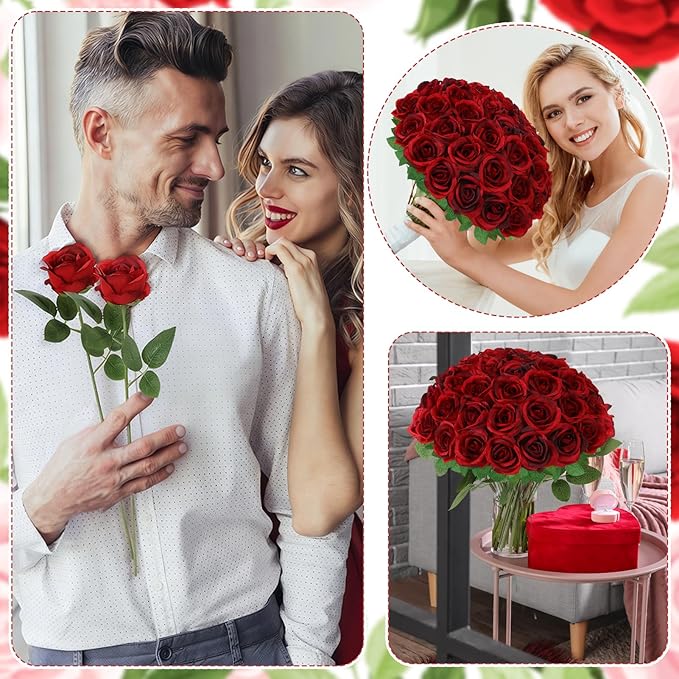36 Pcs Burgundy Artificial Roses with Long Stems, Fake Silk Rose Artificial Flowers Bulk for Bridal Wedding Bouquet Centerpiece Ball Arrangement Party Decor