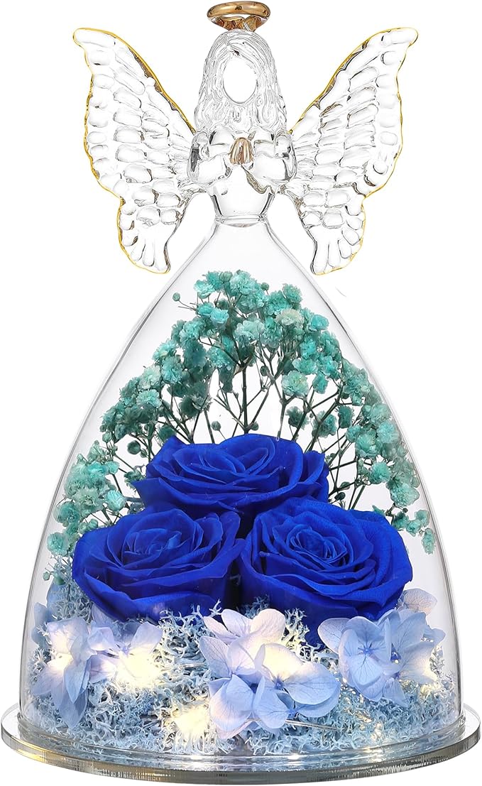 Mothers Day Rose Gifts for Women Preserved Real Flower in Glass Angel Figurines Roses for Delivery Prime Birthday Gifts for Mom Grandma Girlfriend Wife Her, Dark Blue