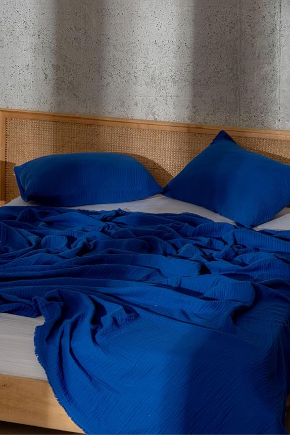 Muslin Blanket - Pure 100% Turkish Cotton Airy Soft Light Versatile Gauze Throw Blanket for Bed, Couch, Sofa (Blue, California King Size (95" x 125" inch))
