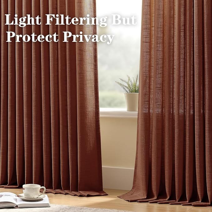 YZ HOME 90 Inch Curtains Pinch Pleated Linen Curtain for Living Room, Reddish Brown Light Filtering Pleat Drapes Textured Thick Ceiling Semi-Sheer Curtain with Hooks for Bedroom Study Room, 2 Panels