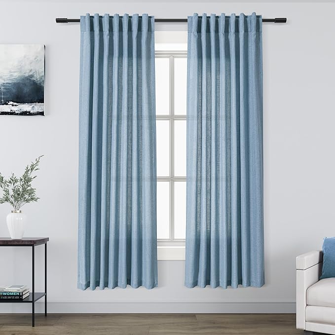 Nanspring Blue Semi Sheer Curtains 72 Inches Long 2 Panels Set for Bedroom Back Tab Rod Pocket Light Filtering Privacy Drapes Cotton Linen Textured Dusty Blue Farmhouse Living Room Curtain 52X72
