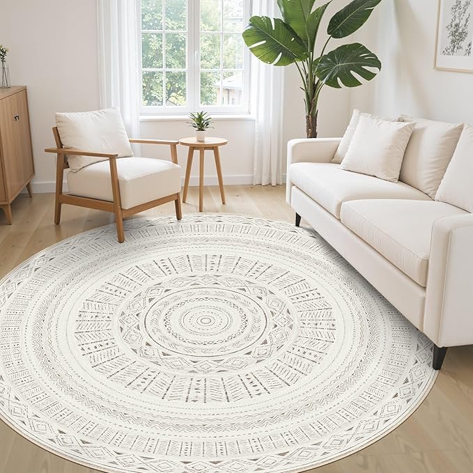cotiled 6x6 Round Area Rug Living Room: Washable Boho Rugs with Non Slip Backing Large Soft Indoor Stain Resistant Carpet for Bedroom Farmhouse Dining Room Lightweight Home Decor L Brown/Cream