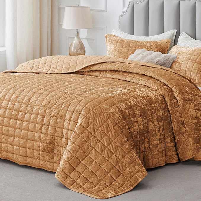BEDELITE Velvet Quilt Set Queen Size - Luxury Soft Velvet Comforter Bedding Set for All Season, Lightweight Quilted Box Stitch Oversized Bedspread Coverlet with 2 Matching Shams, Shiny Burnt Orange