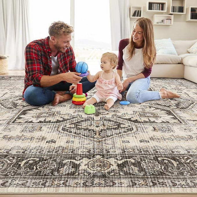 Area Rug for Living Room - 9x12 Soft Machine Washable Oriental Vintage Floral Distressed Large Indoor Floor Carpet for Bedroom Under Dining Table Home Office Decor - Grey Brown