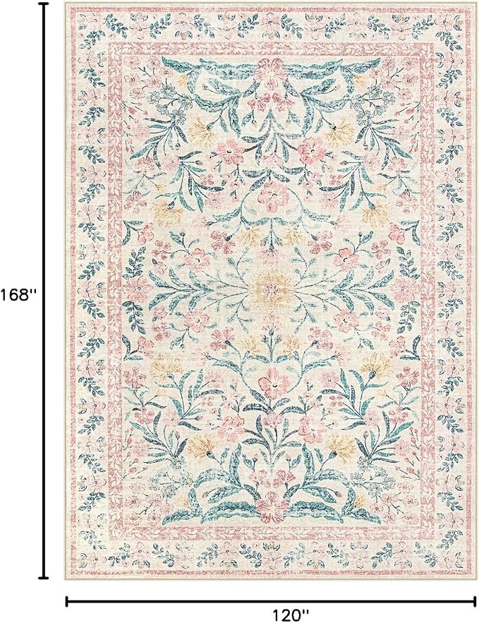 Wonnitar Machine Washable 10x14 Area Rugs, Large Living Room Rug Floral Pink and White Carpet, Boho Soft Ultra-Thin Foldable Carpets for Bedroom Dining Room Office