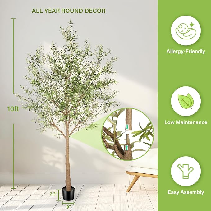 FEELEAD Faux Olive Tree 10ft - Tall Artificial Olive Tree 10 Feet Indoor - Large Fake Plants Olive Trees Artificial Indoor with Natural Wood Trunk for Home House Office Decor