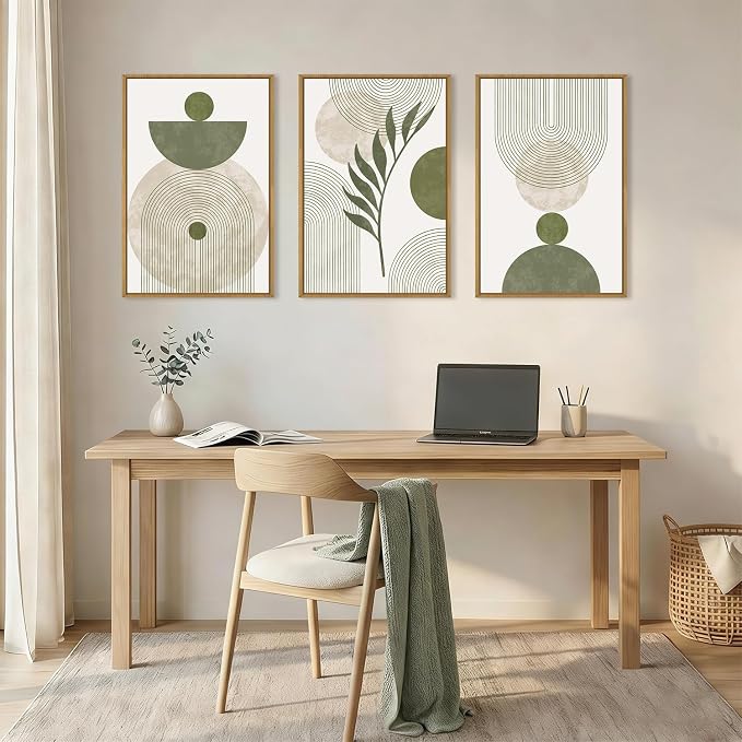 DRACIT Large Sage Green Boho Framed Canvas Wall Art Set,Abstract Modern Beige Green Arch Wall Decor,Minimalist Leaf Lines Artwork for Living Room,Bedroom,Office-24 x36 x3