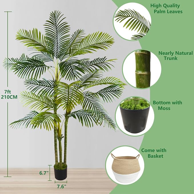 Warmplants Artificial Palm Tree, 7ft Fake Areca Palm Plant with Basket, Large Faux Phoenix Palm UV Resistant Plants for Indoor Outdoor Home Garden Patio Office Décor