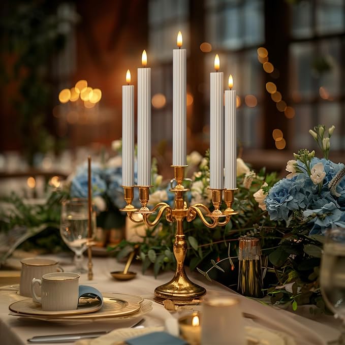 12 Pack, 10" LED Flameless Real Wax Cream Beige Fluted Ribbed Grooved Taper Candles, Remote & 24h Timer Memory, On/Off Button, Dimmable, Flicker Mode, Battery Operated, Wedding