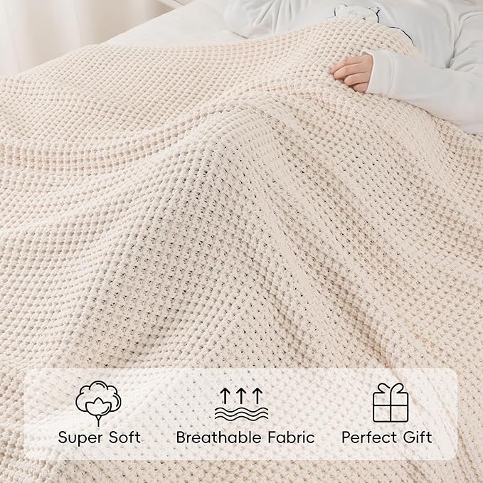 Bunnikins & Clover Cream White Throw Blanket for Couch, Waffle Ivory Throw Blanket for Bed, Warm Decorative White Blanket Throw for Home Decor, 60"x80"