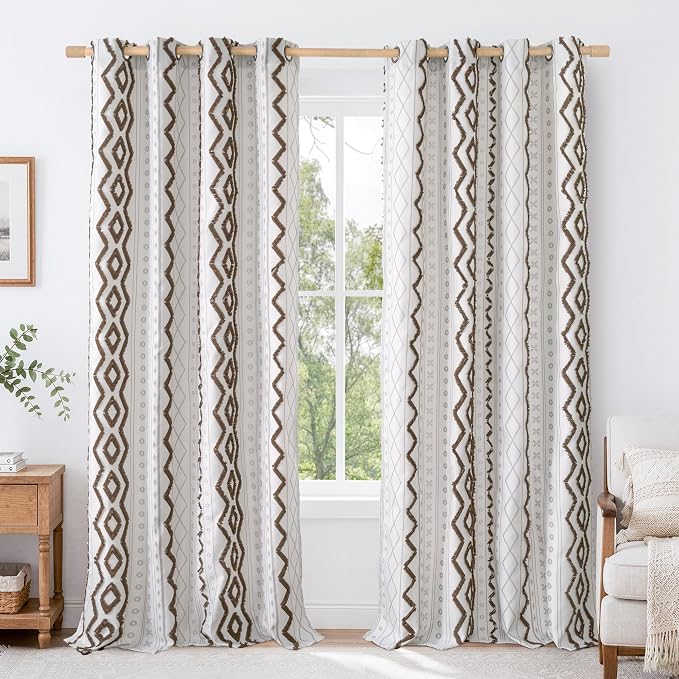 BGment Brown Linen Curtains with Jacquard Geometric, Boho Tufted Pom Stripe Pattern Drapes for Bedroom Living Room Light Filtering, 2 Panels Set, 52 X 96 Inch