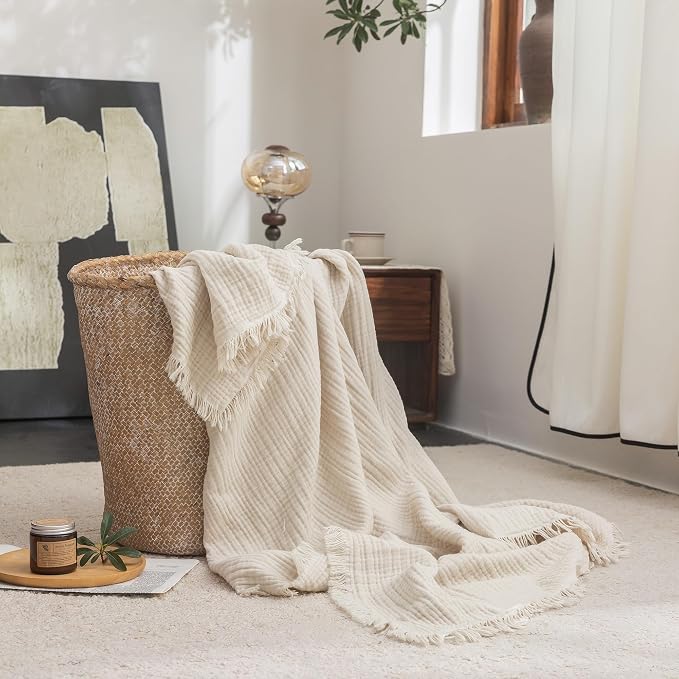 FOSSA Muslin Blanket 4-Layer 100% Cotton Gauze Blanket with Fringe 50"x70" | Super Soft Breathable Lightweight All Season & Decorative Blanket or Bed, Sofa, Office (Beige,Throw XL)