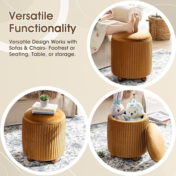 Glitzhome Round Ottoman with Storage Set of 2 Vanity Stool Foot Rest with Removable Lid Modern Upholstered Velvet Storage Ottoman Stool for Living Room and Dorm, Brown