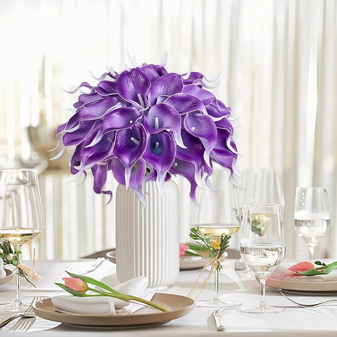 24 Pcs Purple Artificial Calla Lily Flowers Fake Purple Silk Flowers Real Touch for Wedding Bouquet Office Home Kitchen Decor