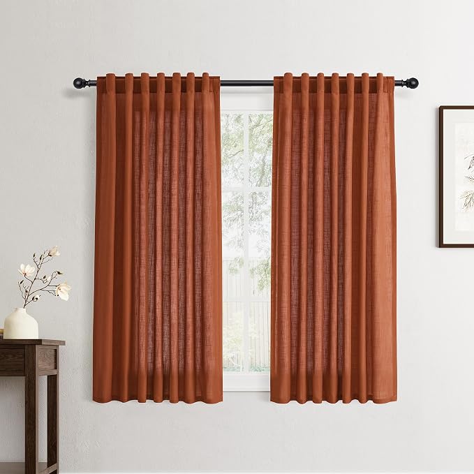 Jowels Terracotta Linen Curtains 54 Inch Long 2 Panels for Living Room | Burnt Orange Light Filtering Semi Sheer Curtain,Back Tab Pocket Pleated Look,Boho Textured Privacy Drapes for Bedroom Window