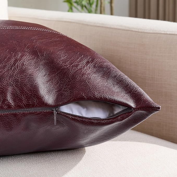 Fancy Homi Burgundy Faux Leather Decorative Throw Pillow Covers 16x16 Inch for Living Room Couch Bed, Modern Farmhouse Boho Home Decor, Wine Red Hand Stitched Accent Square Cushion Case 40x40 cm