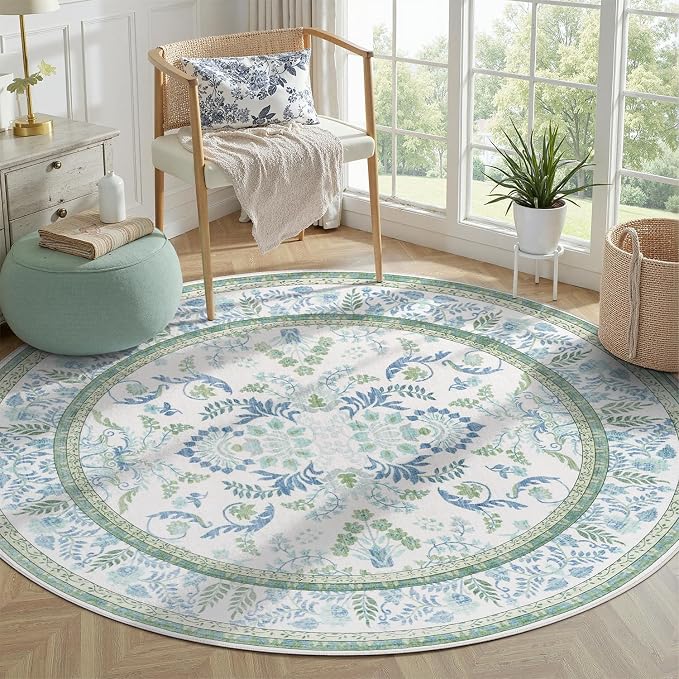 DCX Area Rug 6x6 Botanical Floral Washable Rugs in Green and Blue Soft Non Slip Low Pile Stain Resistant Round Carpet for High-Traffic Areas Bedroom Kitchen Dining Room