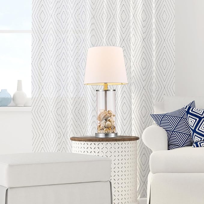 Globe Electric 67155 Maya 21" Fillable Table Lamp, Clear Glass and Steel Base, White Fabric Shade