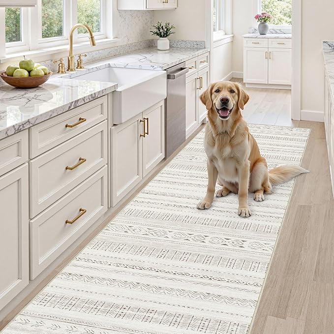 cotiled Hallway 2.6x10 Runner Rugs: Washable Boho Rugs with Non Slip Backing Large Soft Indoor Stain Resistant Carpet for Living Room Bedroom Farmhouse Dining Room Lightweight Home Decor L Brown/Cream