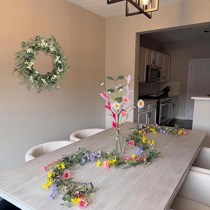 Pinkpum 20'' Eucalyptus Wreath 6FT Daisy Flower 17'' Artificial Silk Flowers Set 6 for Front Door Floral Fireplace Table Hanging Porch Wall Home Decor Farmhouse Indoor Outdoor Summer Spring Garland