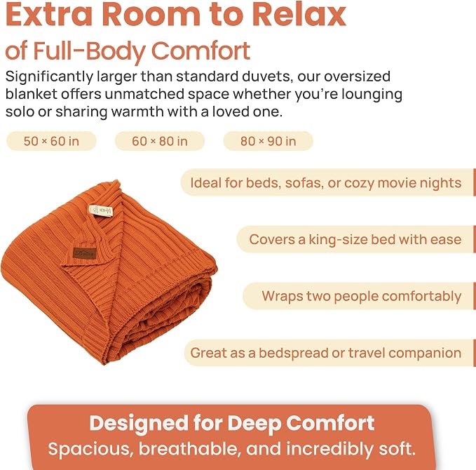 Dalisa 100% Organic Cotton Knit Throw Blanket, Harvest Pumpkin, 60x80 Inches, GOTS-Certified, Crochet Knit, Adult, Eco-Conscious Luxury, Lynx-Inspired Pattern