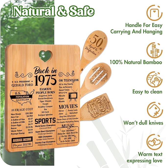 50th Birthday Gifts for Him Her- "Back in 1975" 50th Birthday Gifts for Women Cutting Board, Bamboo-Made Engraved "Year 1975 News" 50th Birthday Gifts