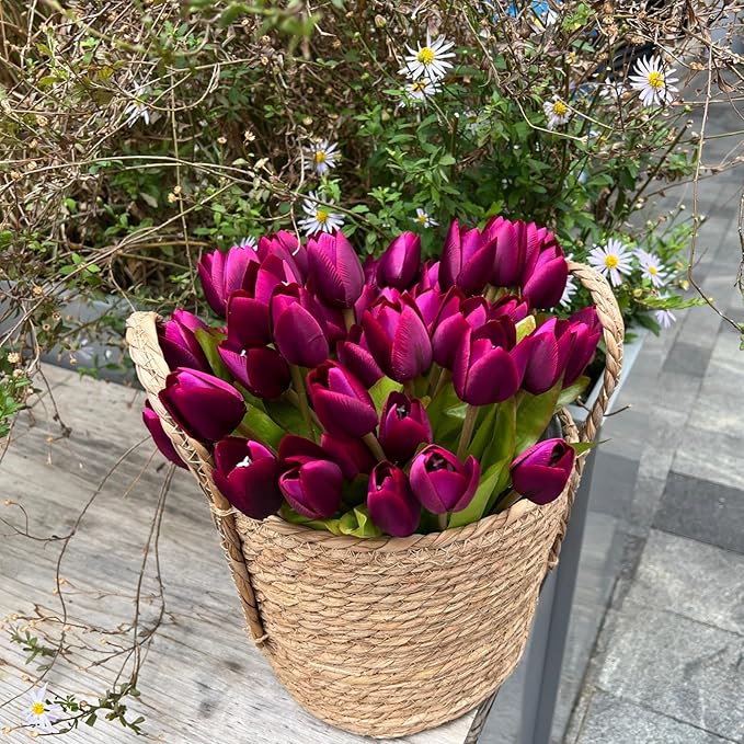 Artificial Fake Flowers Tulip for Outdoor Decoration,UV Resistant Faux Plastic Fabric Greenery Shrubs Plants Fake Flowers Hanging Planter Kitchen Home Garden Wedding Decor (Dark Purple)