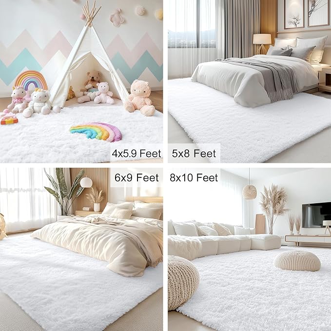 OLANLY 8x8 Machine Washable Large Area Rugs for Living Room, Bedroom, Soft Fluffy Shaggy Bedside Rug, Indoor Floor Carpet for Kids Girls and Boys, Dorms, Nursery, Home Decor Aesthetic, White