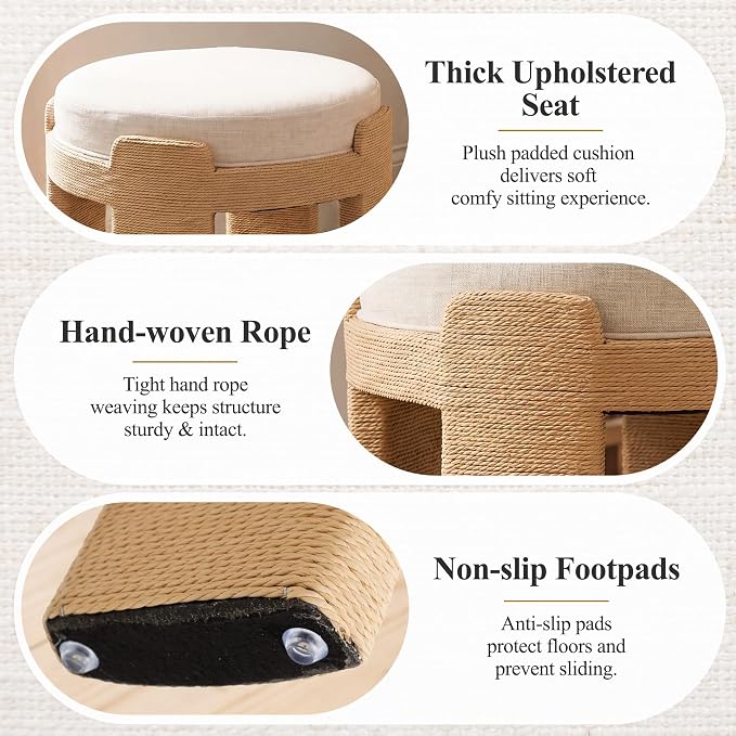 Round Vanity Chair, Boho Hand-Woven Rope Upholstered Accent Foot Stool Ottoman Fully Assembled for Bedroom Living Room Entryway, Beige Linen