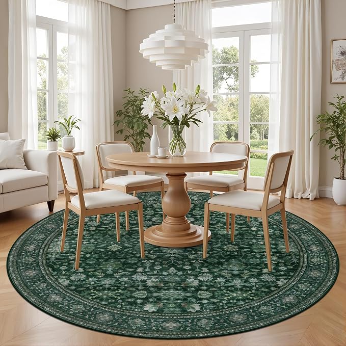 Round Area Rug for Living Room: 8 ft Washable Vintage Boho Soft Thin Circle Rug Indoor Floor No Slip Stain Resistant Carpet for Bedroom Dining Room Farmhouse Nursery Home Office -Deep Green