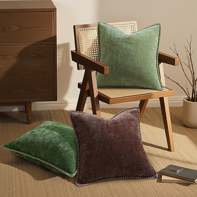 decorUhome Chenille Soft Cozy Throw Pillow Covers 16x16 Set of 2, Modern Farmhouse Boho Velvet Decorative Pillow Cases with Stitched Edge for Couch Sofa Bed Home Decor, Chocolate