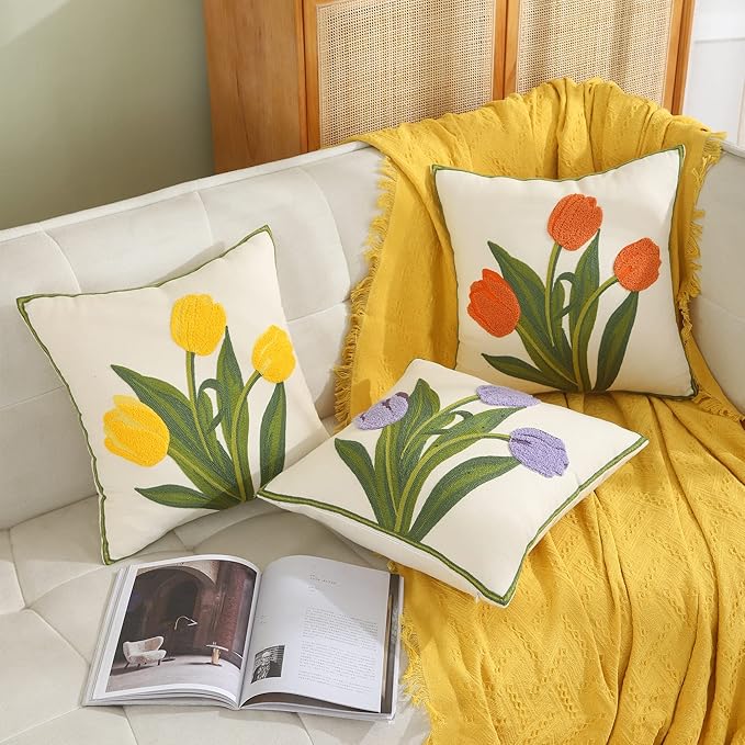 Yellow Tulip Pillow Covers 18x18 Pack of 2 Embroidery Throw Pillow Covers Spring Summer Decor Pillow Cases for Couch Cotton Canvas Cushion Cover Square Farmhouse Floral Pillow Case