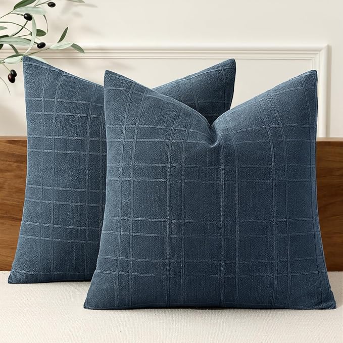 MIULEE Decorative Linen Check Throw Pillow Covers Neutral Farmhouse Vintage Pillow Covers 20x20 Set of 2 Boho Modern Home Decor for Sofa Couch Bedroom Cushion Deep Blue