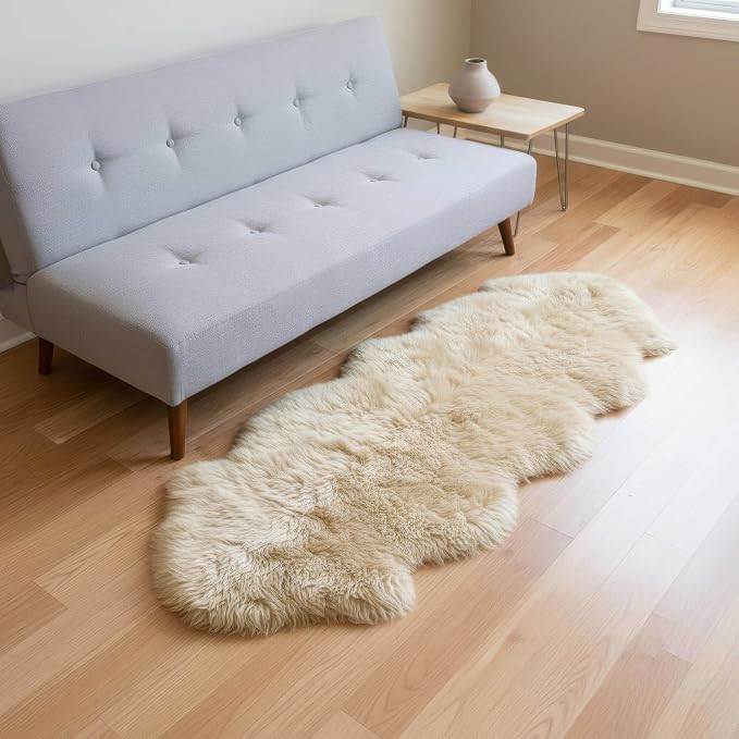 Premium Champagne Sheepskin Rug Genuine Double 2x6ft Pelt Fluffy Fur Rug for Bedrooms