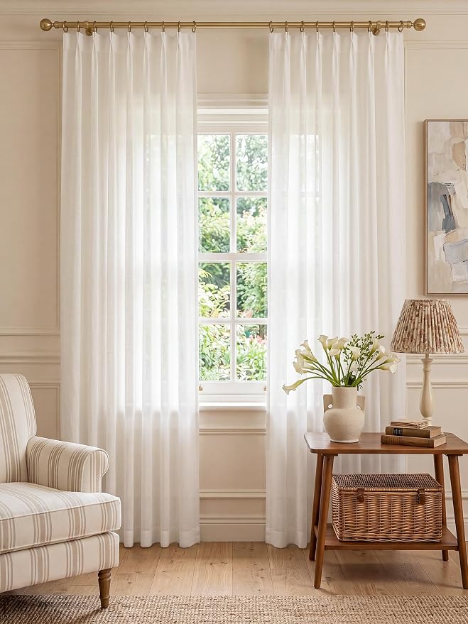THREE GIRLS Liz Pinch Pleated Linen Curtains for Living Room, Light Filtering Curtains 102 Inches Long, Farmhouse Window Curtains for Bedroom, Modern Drapes with Hooks and Rings, White, 2 Panels Set