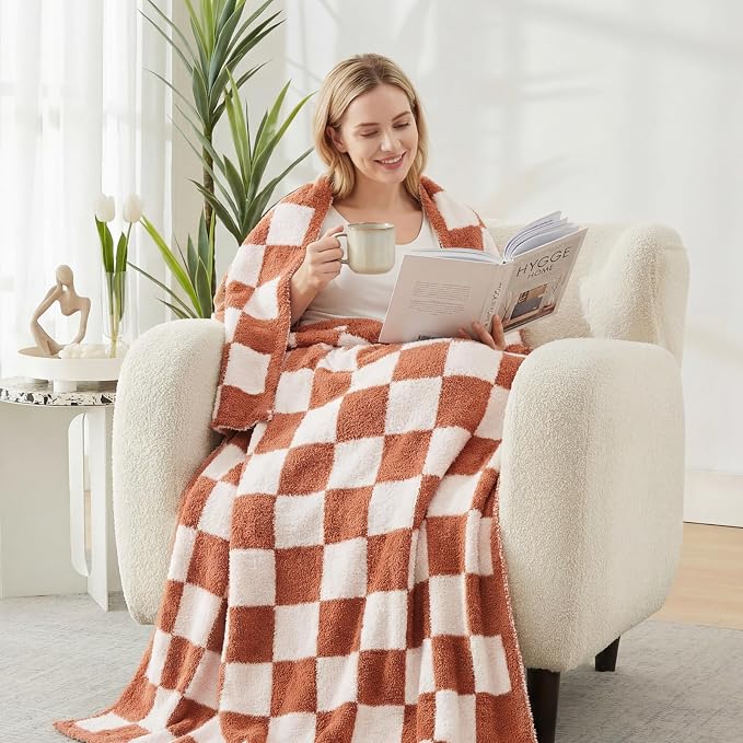 WRENSONGE Soft Checkered Throw Blanket for Couch-Cozy Warm Knitted Blankets | Lightweight Warm Fluffy Decor for Women, Mom, Her & Girls, Sofa, Chair, Bed, 50x60in,Autumn Leaf Orange