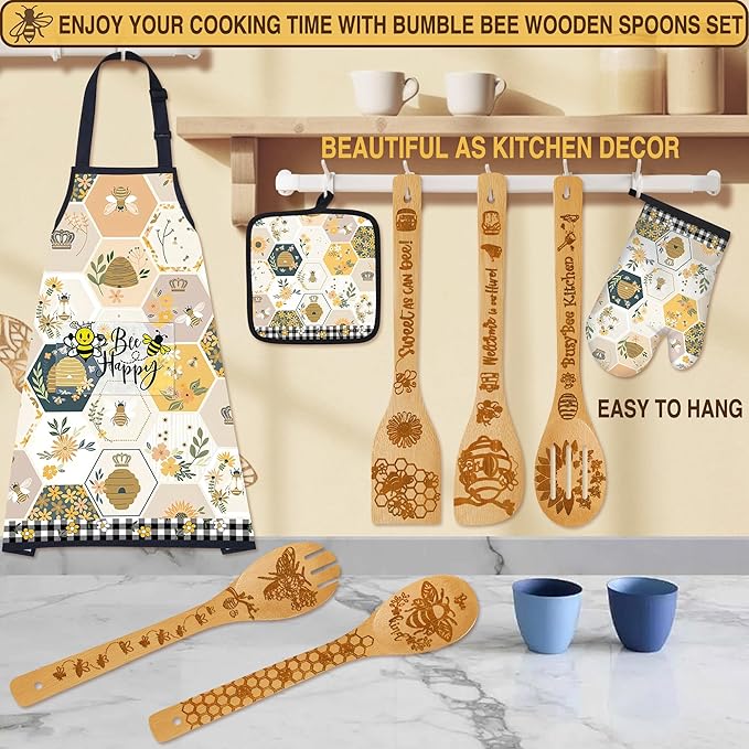 Bee Gifts for Women,8pcs Kitchen Utensils Set with Apron Oven Mitt Pot Holder - Unique Bee Bamboo Wooden Cooking Spoons Set,House Warming,Easter,Birthday,Mother's Day Gift