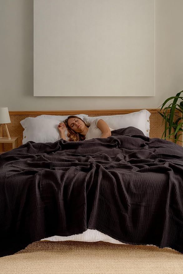 Muslin Blanket - Pure 100% Turkish Cotton Airy Soft Light Versatile Gauze Throw Blanket for Bed, Couch, Sofa (Black, California King Size (95" x 125" inch))