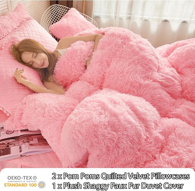 LIFEREVO Luxury Plush Shaggy Duvet Cover Set, Soft Velvet Fluffy Furry Duvet Cover Set(1 Faux Fur Fuzzy Comforter Cover + 2 Pom Poms Pillowcases) Solid Bedding Set, Zipper Closure(Full/Queen, Pink)
