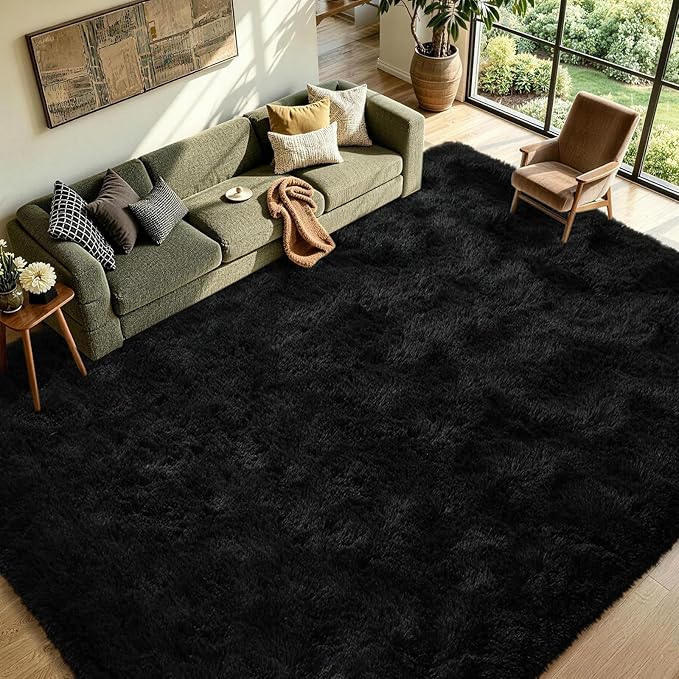FinRèc 9x12 Feet Black Rugs for Living Room Bedroom, Fluffy Shaggy Area Rug, Non-Slip Soft Shag Rug for Nursery Kids Room Dorm Room Home Decor, Indoor Plush Floor Carpet