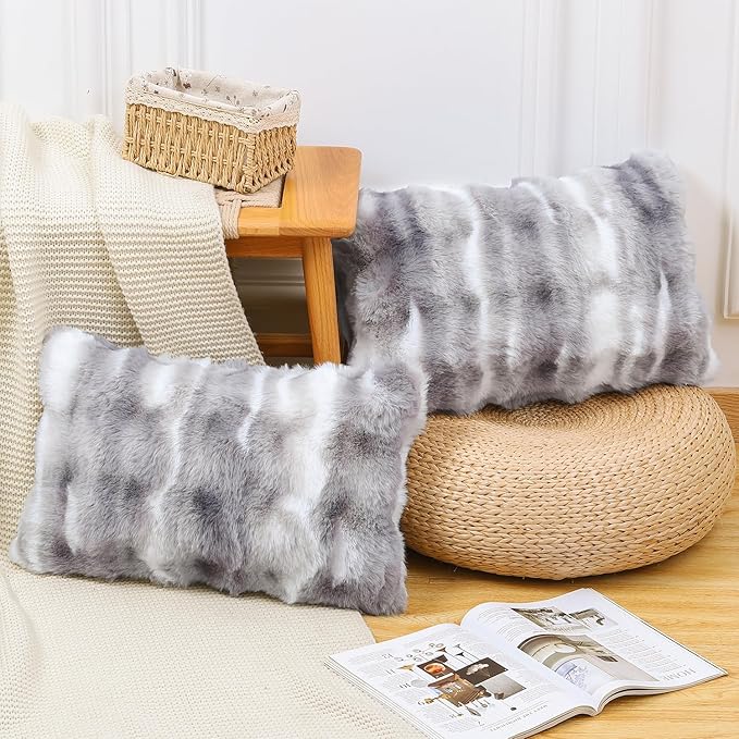 MADIZZ Pack of 2 Thick Plush Faux Wool Throw Pillow Covers Soft Boho Throw Pillows Luxurious Cushion Covers for Couch Sofa Bedroom Living Room Home Decor 12x20 Inch White Grey