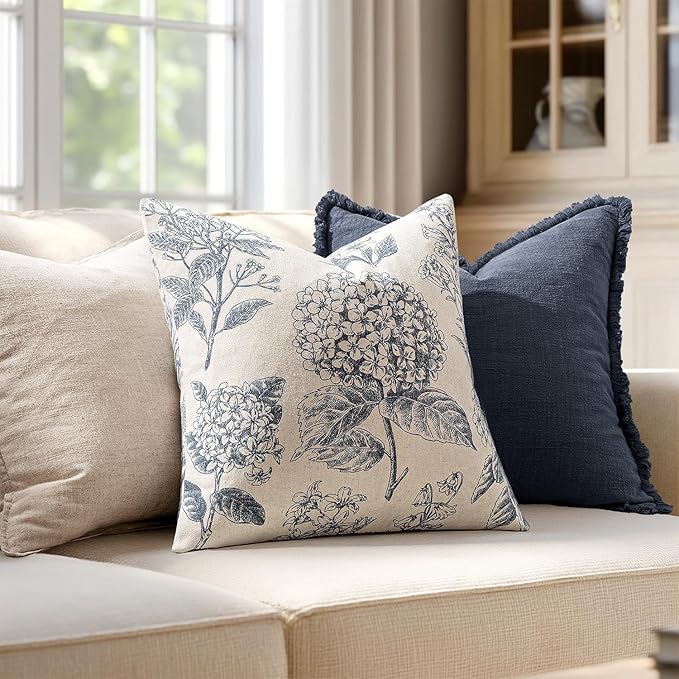 Set of 2 Decorative Floral Neutral Pillow Covers 20x20 Inch Light Blue Hydrangea Print Spring Boho Vintage Throw Cushion Covers for Sofa Couch Porch Bedroom Living Room Summer Home Decor