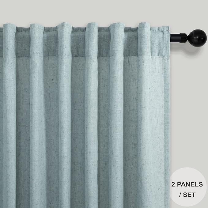 Aqua Curtains 108 Inches Long for Kids Room 2 Panels Set Back Tab Pocket Drapes Light Filtering Semi Sheer Linen Polyester Farmhouse Mint Green Curtain for Living Dining Sliding Seafoam Teal Grey 9 FT